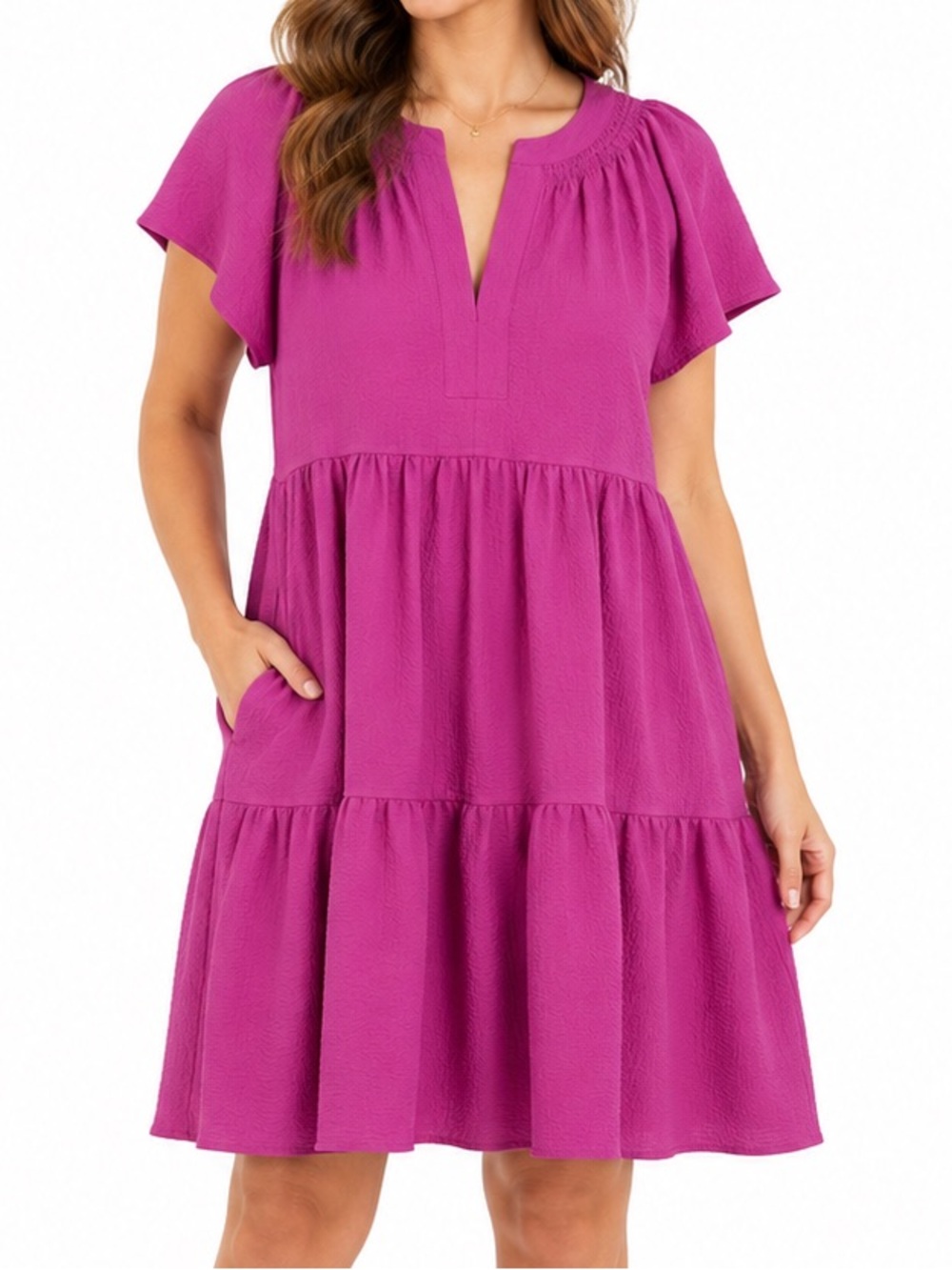Calvin Klein Pink Textured Tiered Flutter Sleeve Dress Size 8 Back Tie